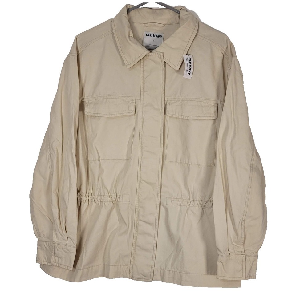 Old Navy Jacket Womens M Ivory Utility‎ Field Cotton Zip Snap Elastic Waist New